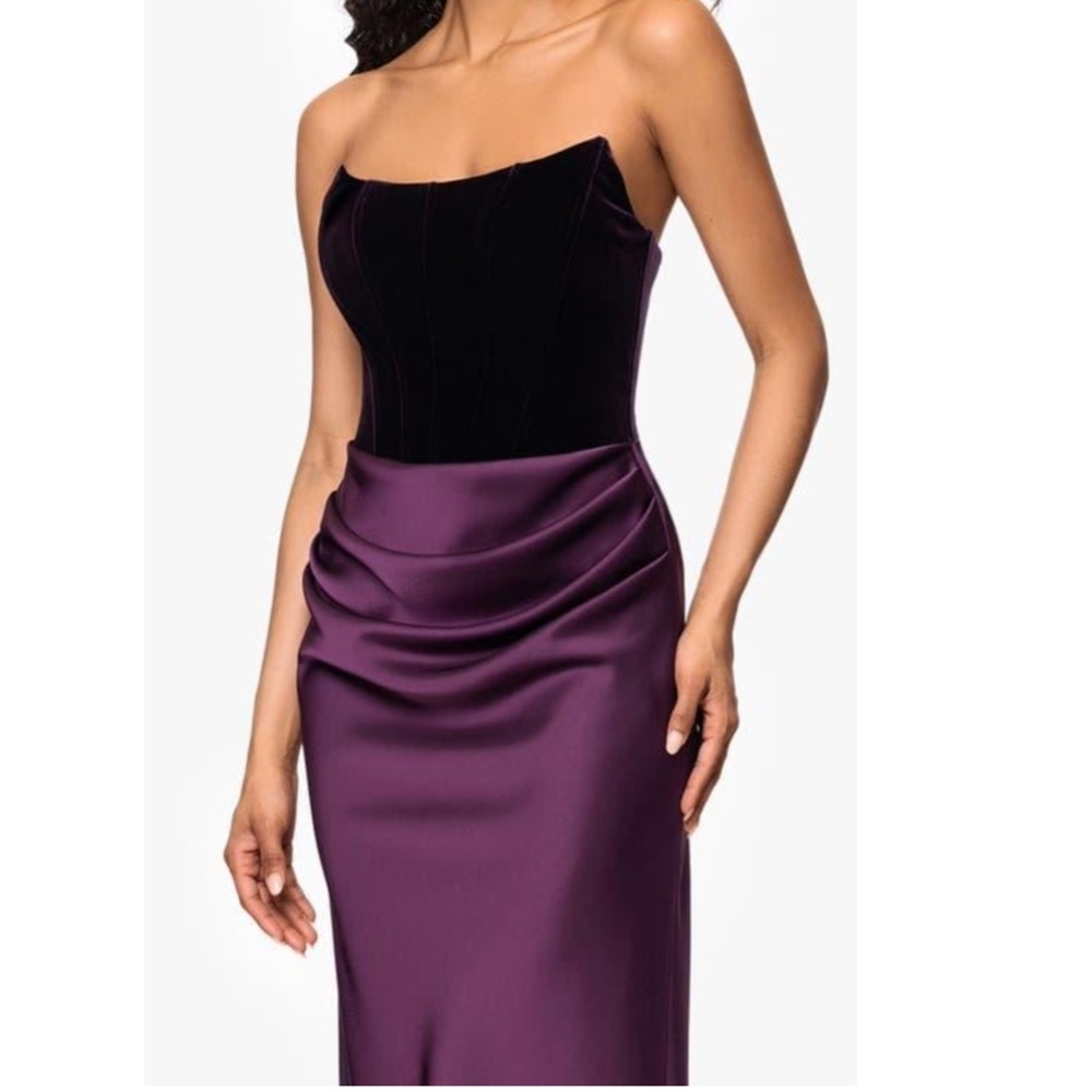 NEW Betsy & Adam PLUM Strapless CORSET Bustier VELVET  & SATIN Draped GOWN 4 - Picture 3 of 13